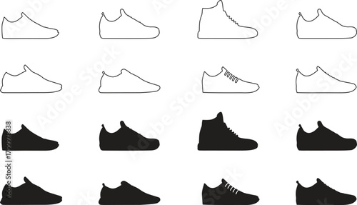 Minimal sneaker silhouette set featuring outline and solid shoe icons in various styles. Clean athletic footwear illustrations ideal for fashion design, branding, and sports concepts.