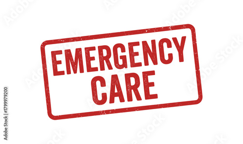 Red rubber stamp text EMERGENCY CARE rectangular outline bold capital letters distressed texture rotation isolated on white background vector illustration clean minimal style