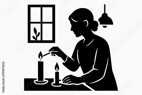 woman lighting candle quiet room flat black solid vector illustration isolated on white background