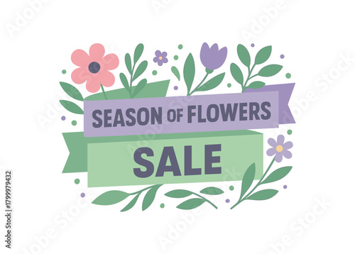 Flat vector banner design text Season of Flowers Sale bold geometric font soft green and lilac palette ribbon folded shape