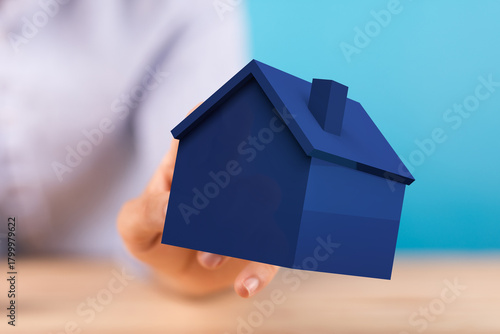 Hand holding a blue 3D hous...