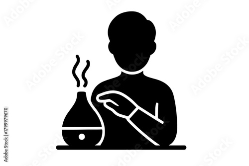person diffusing essential oils flat black solid vector illustration isolated on white background