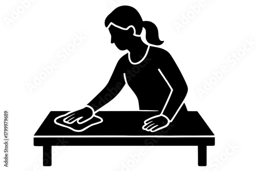 woman wiping table with cloth flat black solid vector illustration isolated on white background