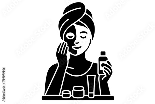 woman doing skincare evening ritual flat black solid vector illustration isolated on white background