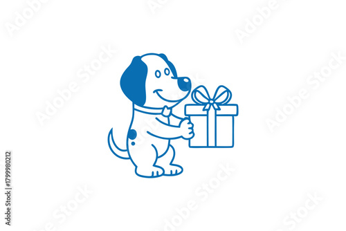 Blue outlined cartoon dog presents a wrapped gift box with a bow smiling