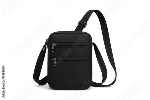 Black shoulder bag with zippers and adjustable strap, perfect for travel, isolated on transparent background
