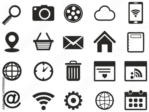 Collection of modern web and mobile interface flat glyph icons