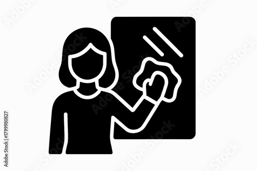 woman wiping mirror flat black solid vector illustration isolated on white background