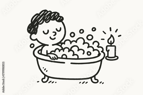 handdrawn cute doodle style person taking bath with candlelight vector line illustration
