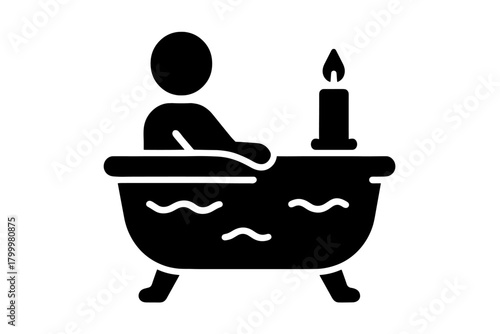 person taking bath with candlelight flat black solid vector illustration isolated on white background