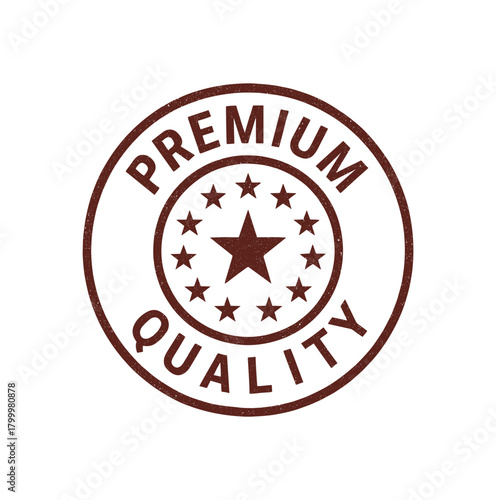 Round stamp PREMIUM QUALITY uppercase seriffree font inner pattern dark red ink grainy texture isolated on white background