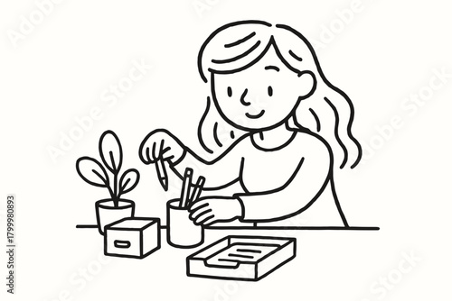 handdrawn cute doodle style woman organizing desk space vector line illustration