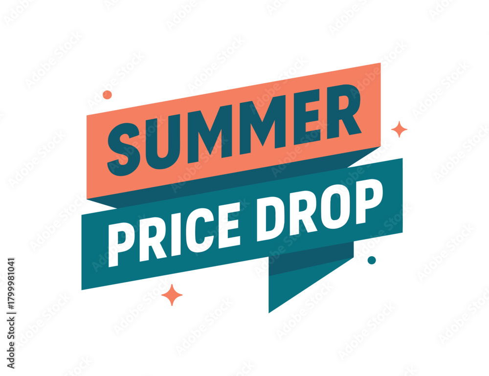 Obraz premium Flat vector banner design text Summer Price Drop bold geometric font coral and blue palette ribbon folded shape