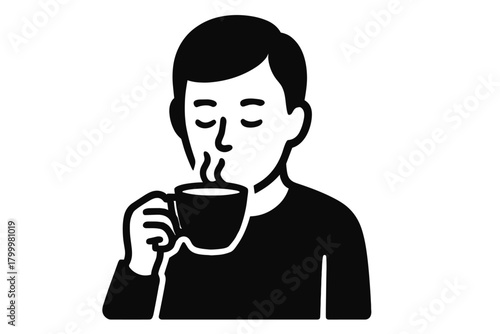 person sipping morning coffee slowly flat black solid vector illustration isolated on white background