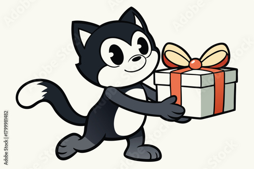 Black and white cartoon cat cheerfully carrying a beautifully wrapped gift box presents
