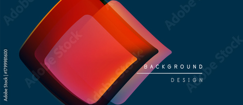 Abstract geometric shapes overlap, creating vibrant color gradients. Dark blue background contrasts with warm reds, oranges, purples. Text reads background design.
