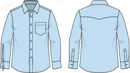 Men’s button-up shirt technical drawing, light blue long sleeve front and back view, collar, pocket, cuff vector for apparel design