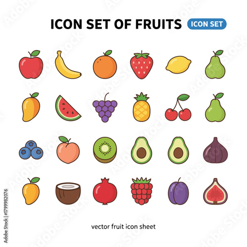 Icon Set of Fruits – 20 Playful Colorful Vector Glyph Icons in a Minimalist Flat Style, Fully Scalable 