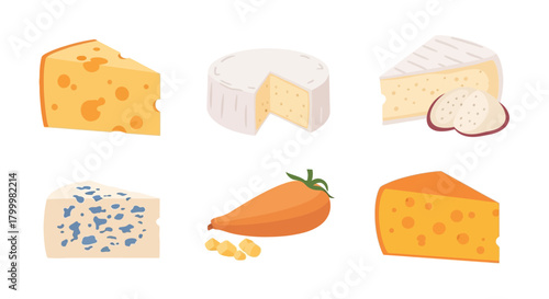 Variety of cheese types: Swiss, Brie, blue cheese, and more, displayed in a colorful cartoon style.