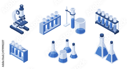 Isometric illustration of laboratory equipment, including microscope, test tubes, and flasks.