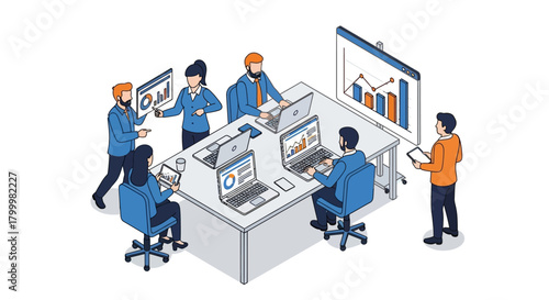 Wallpaper Mural Isometric business meeting with charts and laptops. Torontodigital.ca