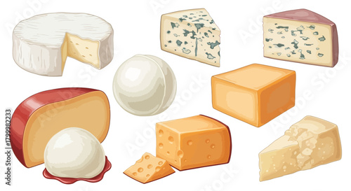Illustration of various types of cheese, including brie, blue cheese, and cheddar.