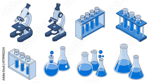 Isometric science lab equipment: microscopes, test tubes, and flasks.