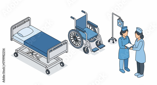 Isometric illustration of hospital bed, wheelchair, and nurses.