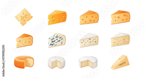 Various types of cheese wedges and wheels in a cartoon style illustration.