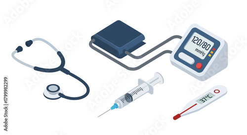 Medical equipment: stethoscope, blood pressure monitor, syringe, and thermometer.