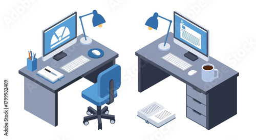 Isometric view of two office desks with computers and accessories.