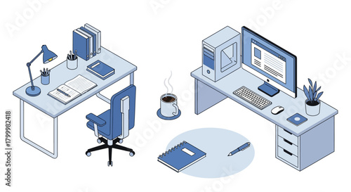 Isometric illustration of two office desks with computer, stationery, and chair.