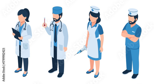 Isometric doctors and nurses in uniform, medical staff illustration.