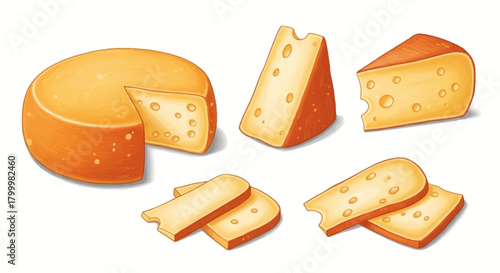 Illustration of various cuts and shapes of cheese with holes.