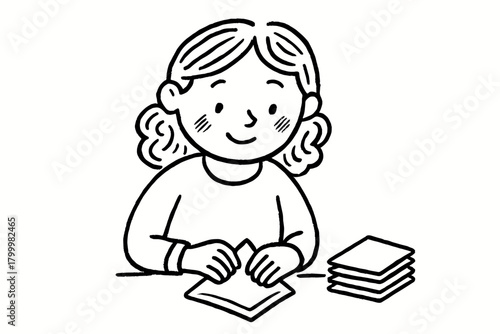 handdrawn cute doodle style woman folding napkins vector line illustration