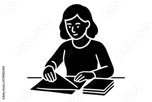 woman folding napkins flat black solid vector illustration isolated on white background
