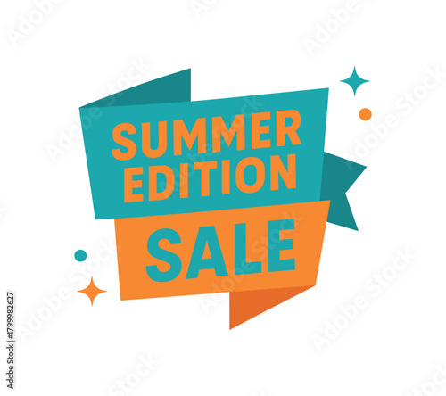 Flat vector banner design text Summer Edition Sale bold geometric font turquoise and orange palette ribbon folded shape