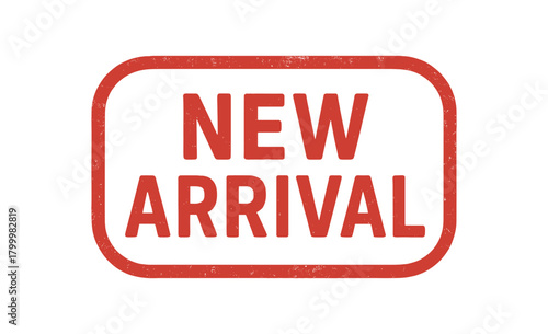 Rounded rectangle stamp NEW ARRIVAL compact letters red ink pad impression opacity isolated vector