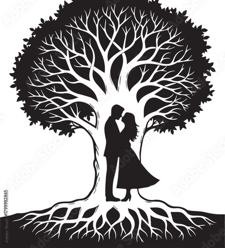 Silhouetted couple embraces under a large tree with stylized branches and roots, transparent background