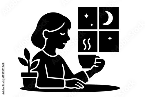 person enjoying quiet evening tea flat black solid vector illustration isolated on white background