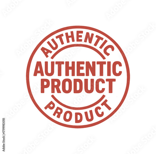 Circular badge AUTHENTIC PRODUCT uppercase geometric font distressed red texture isolated composition