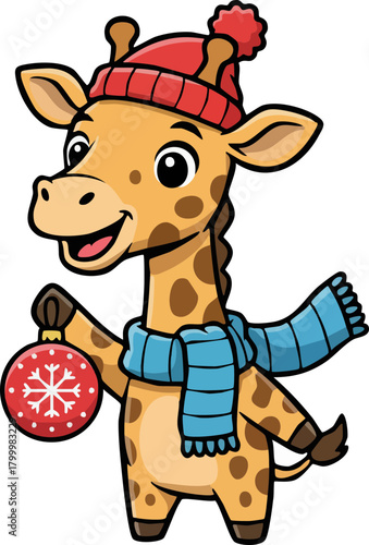 Cute cartoon giraffe wearing a Santa hat and scarf holding Christmas ornament