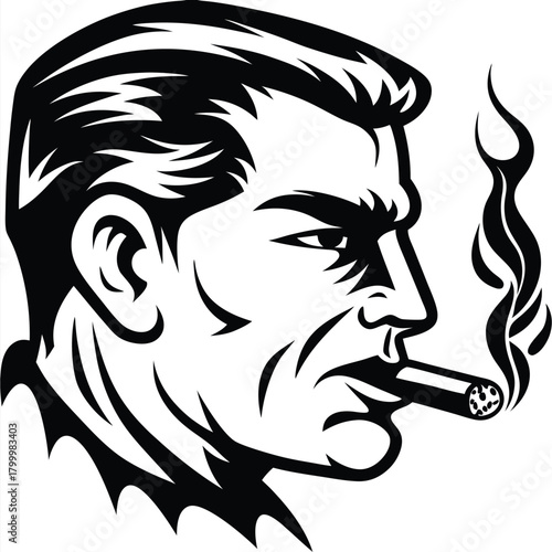 Confident retro man smokes a cigar; black silhouette displays a classic masculine aesthetic