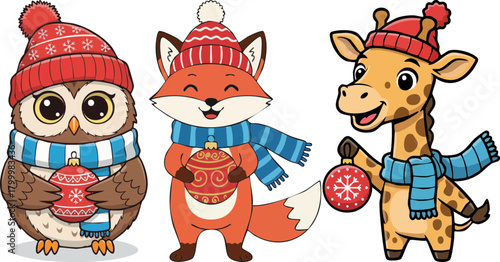 Cute cartoon owl fox and giraffe wearing winter hats and scarves with ornaments