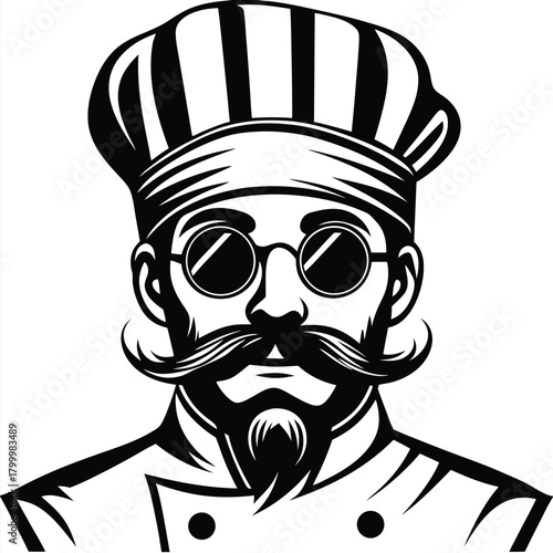 Distinguished chef with striped hat, round glasses, and a striking mustache is illustrated