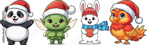 Cute cartoon animals in Santa hats celebrating holiday season