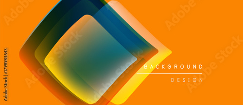 Abstract geometric shapes overlap, creating vibrant color gradients. Orange background complements design elements. Modern, clean aesthetic.