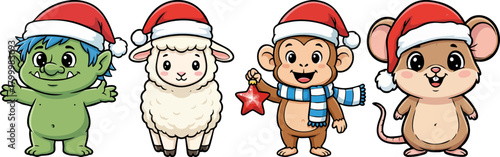 Cute Christmas characters wearing Santa hats and holding ornaments
