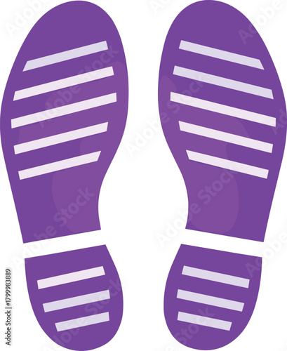 Purple stylized shoe print illustration with white horizontal stripes, left and right sole vector for signage, movement, or design use