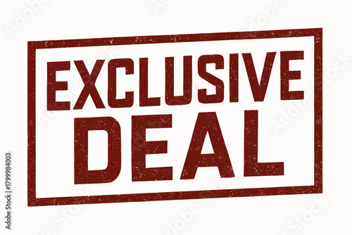 Rectangular badge EXCLUSIVE DEAL geometric type dark red worn ink white background